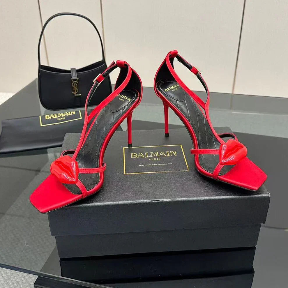 Balmain Lips 105MM Sandals Red Leather