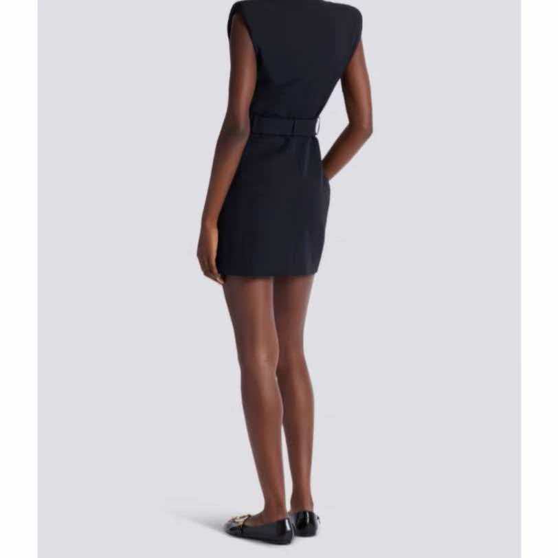 Balmain Sleeveless Mini Dress with Gold Buckle Belt Black Polyester