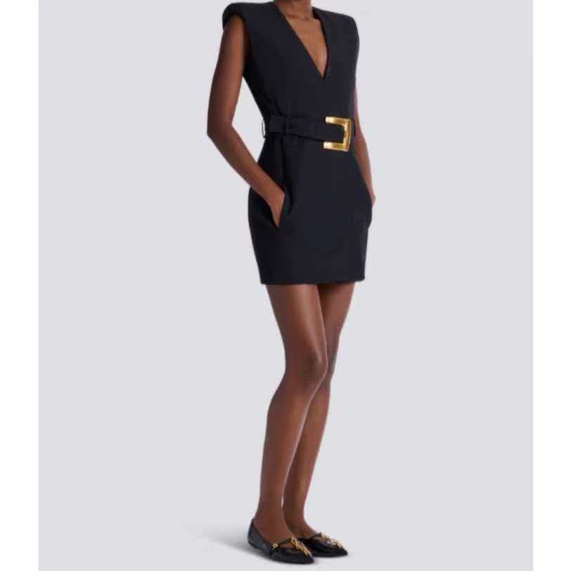 Balmain Sleeveless Mini Dress with Gold Buckle Belt Black Polyester