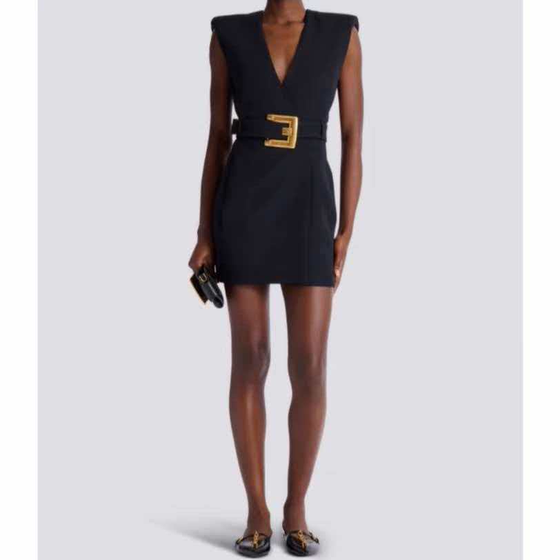 Balmain Sleeveless Mini Dress with Gold Buckle Belt Black Polyester