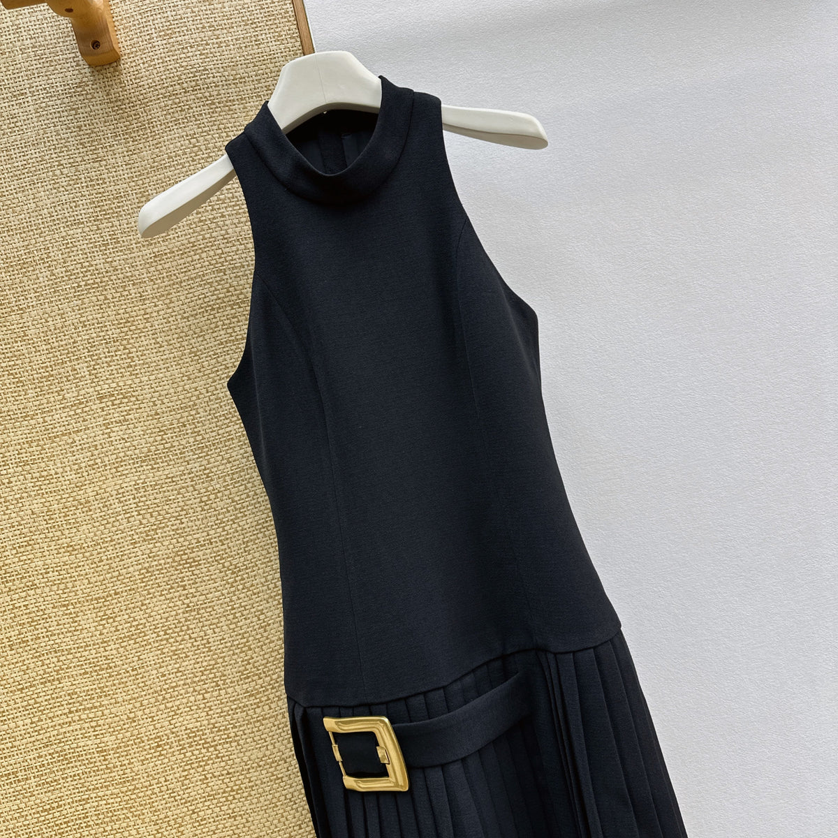 Balmain Pleated Mini Dress with Gold Buckle Belt Black Polyester