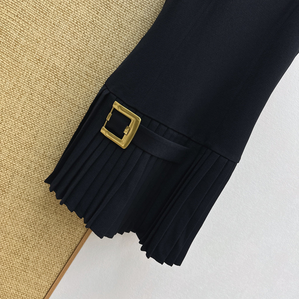 Balmain Pleated Mini Dress with Gold Buckle Belt Black Polyester