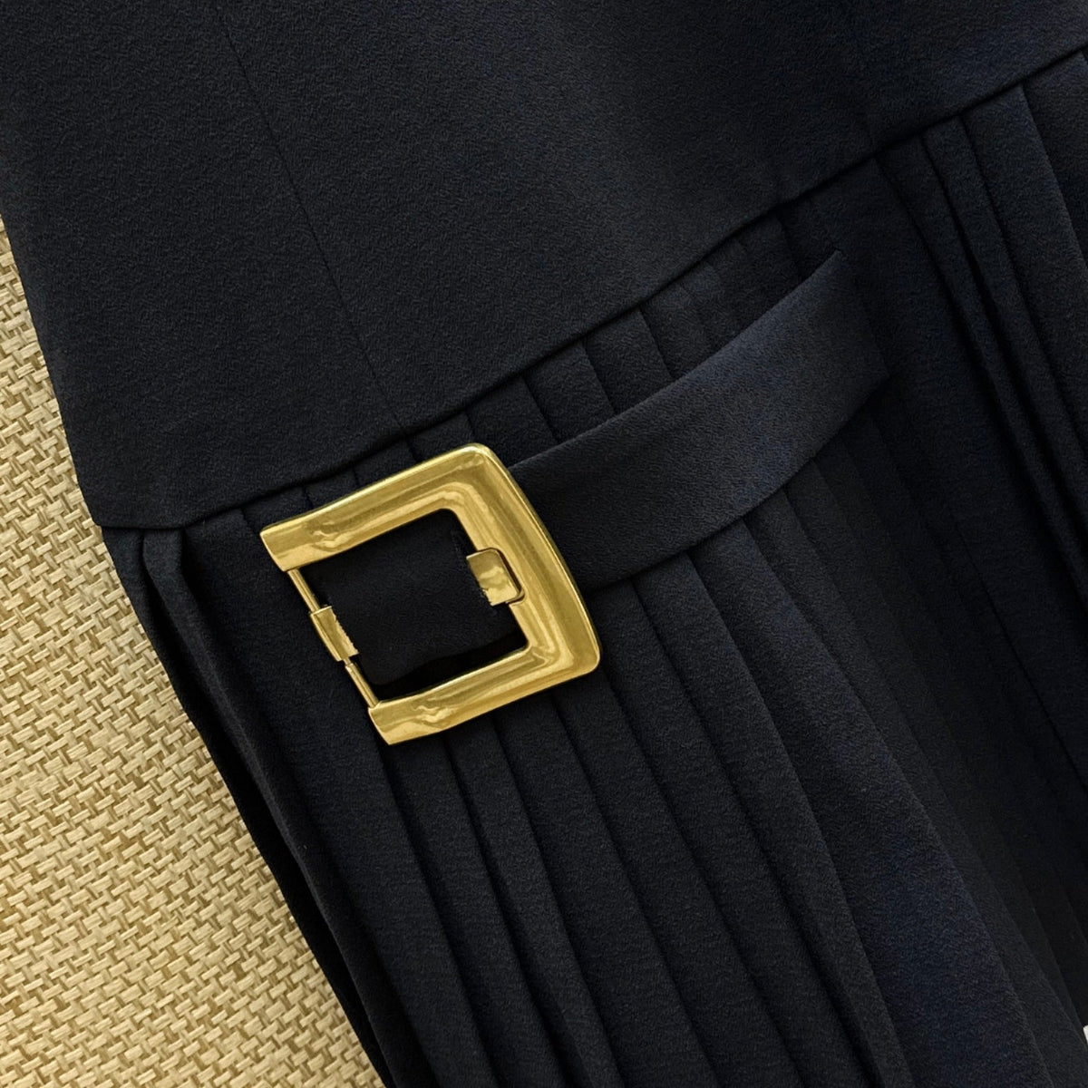 Balmain Pleated Mini Dress with Gold Buckle Belt Black Polyester