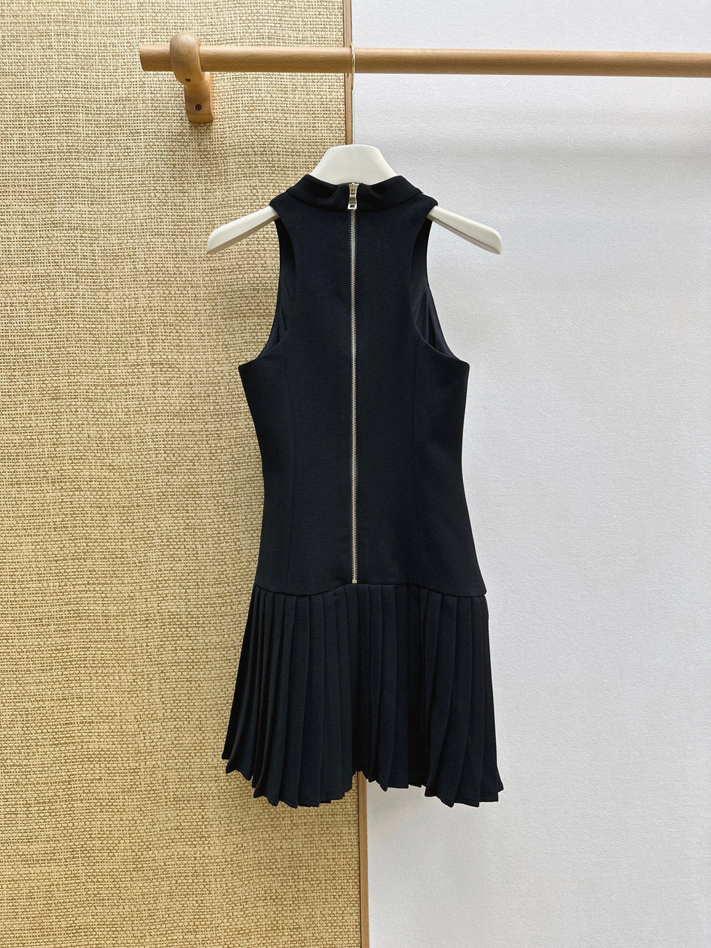 Balmain Pleated Mini Dress with Gold Buckle Belt Black Polyester