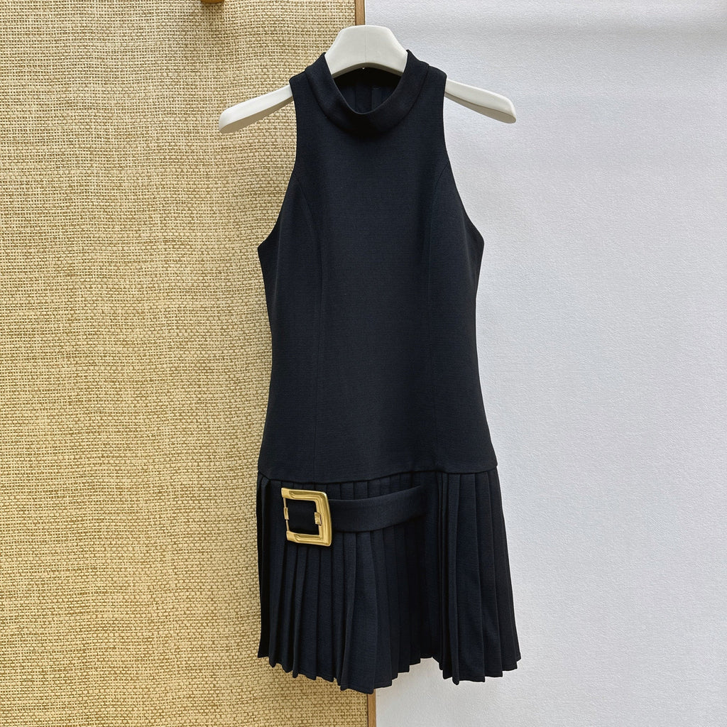 Balmain Pleated Mini Dress with Gold Buckle Belt Black Polyester