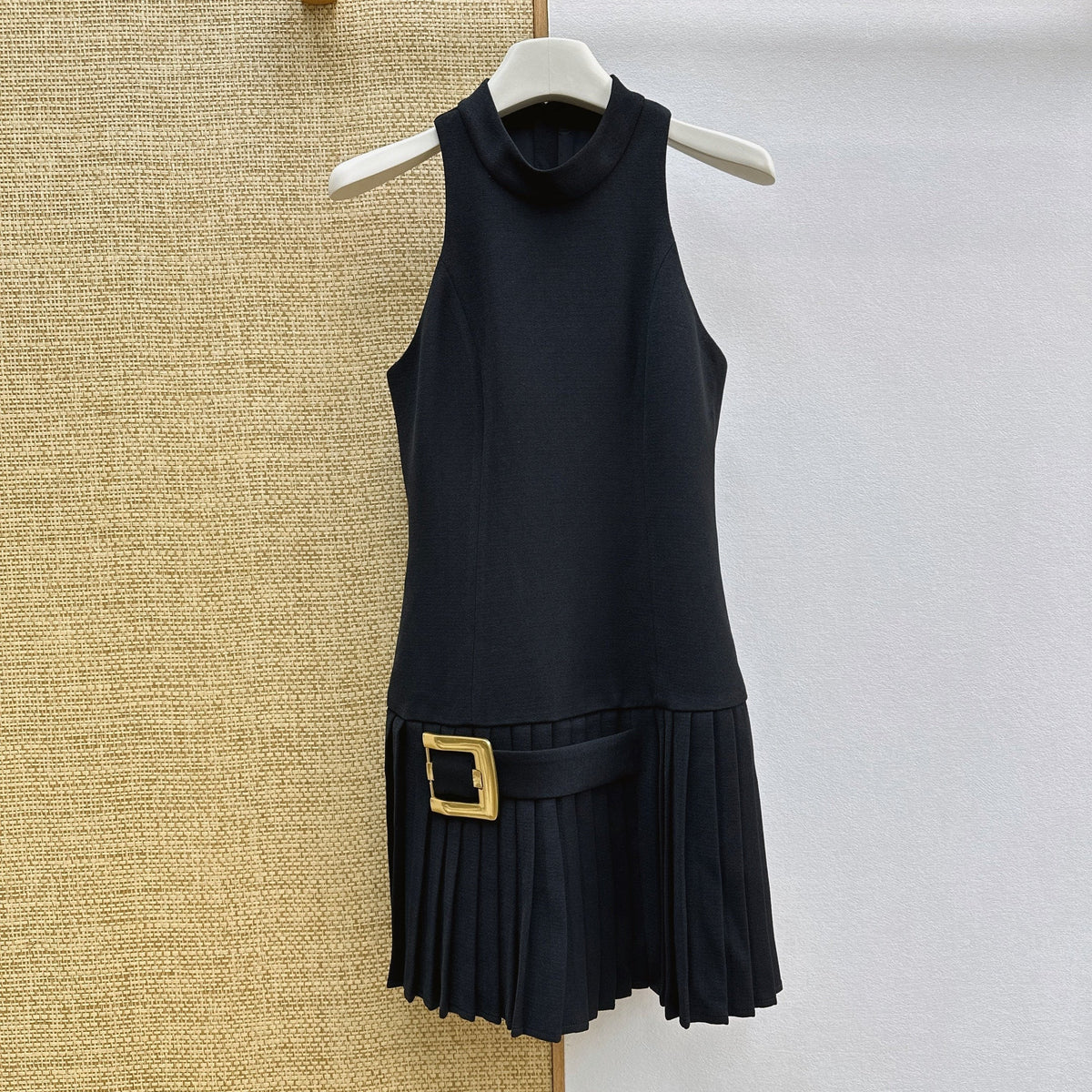 Balmain Pleated Mini Dress with Gold Buckle Belt Black Polyester