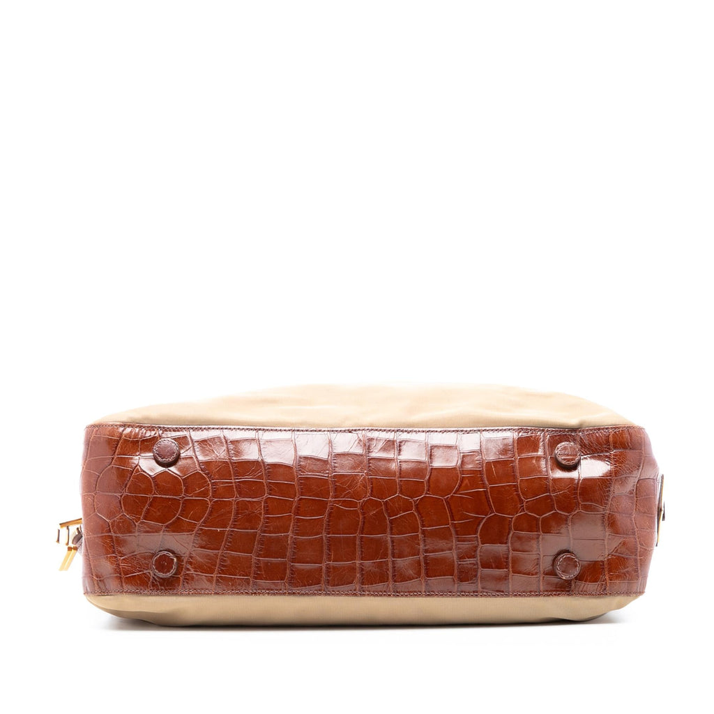 Prada Croc Embossed Leather Trimmed Tessuto Shoulder Bag