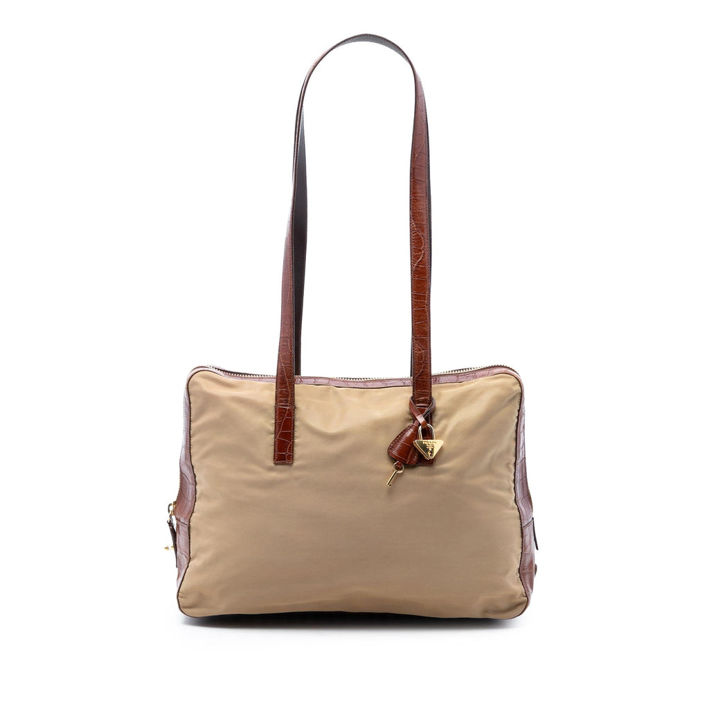 Prada Croc Embossed Leather Trimmed Tessuto Shoulder Bag
