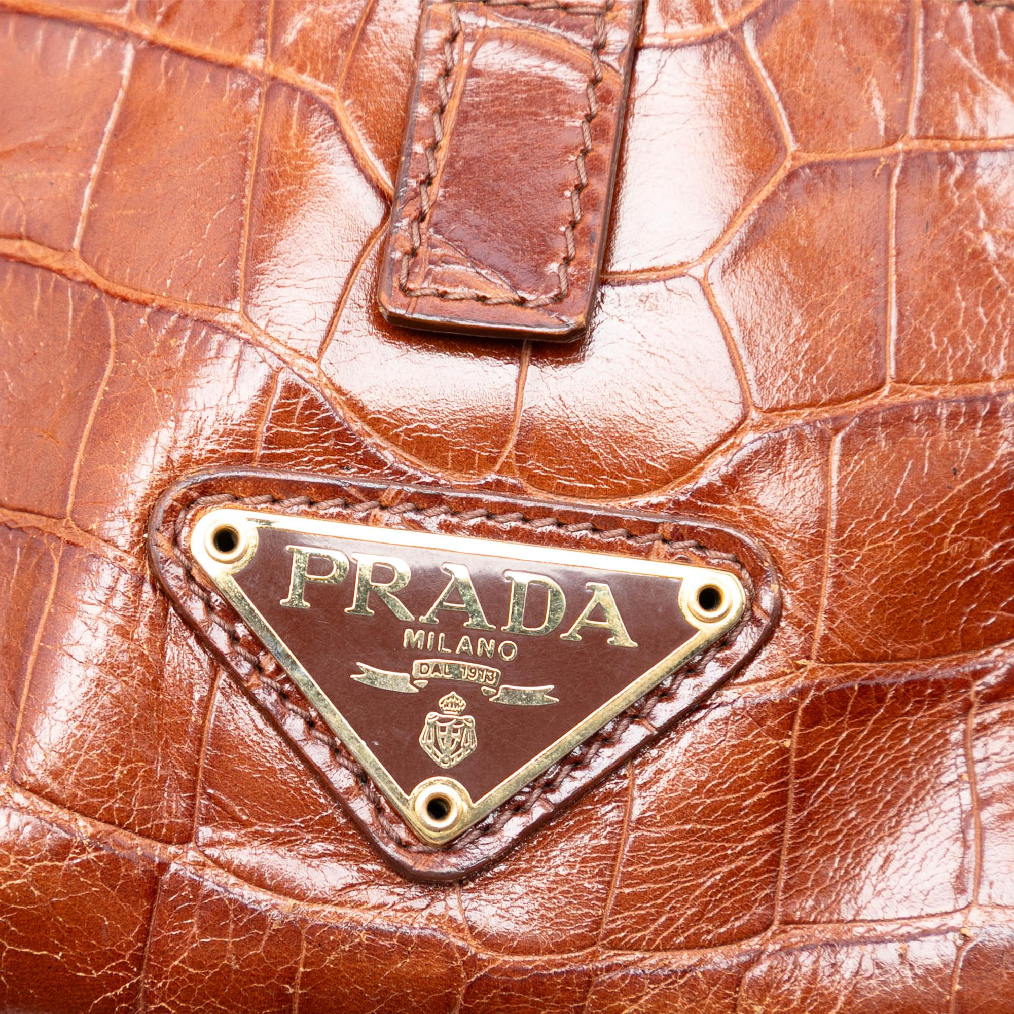 Prada Croc Embossed Leather Trimmed Tessuto Shoulder Bag