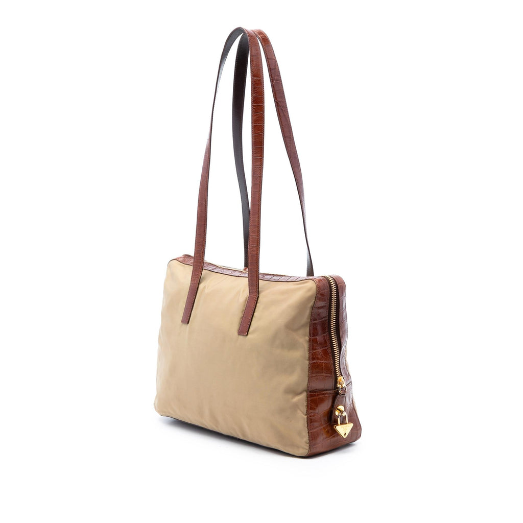 Prada Croc Embossed Leather Trimmed Tessuto Shoulder Bag