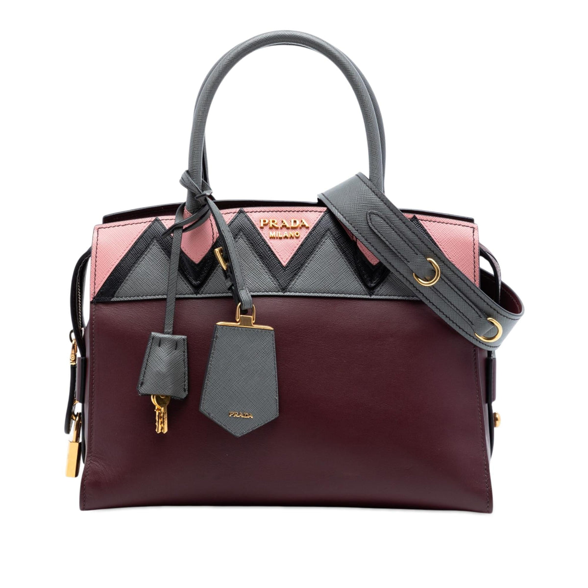 Prada Medium Saffiano Trimmed City Calf Greca Esplanade Satchel