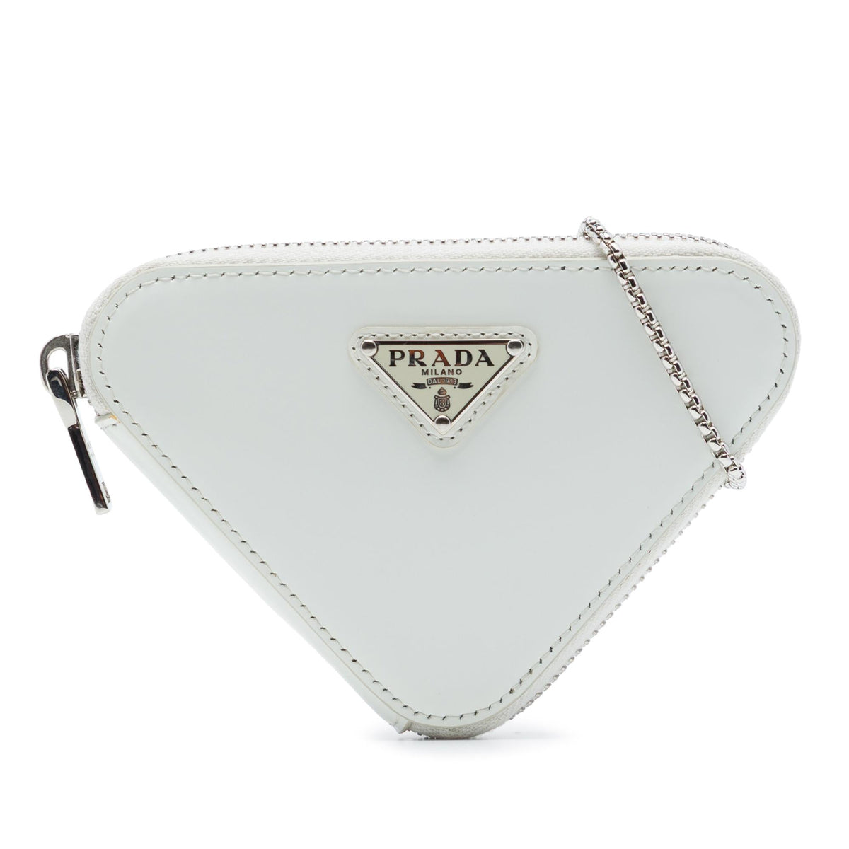Prada Mini Brushed Leather Triangle Chain Pouch