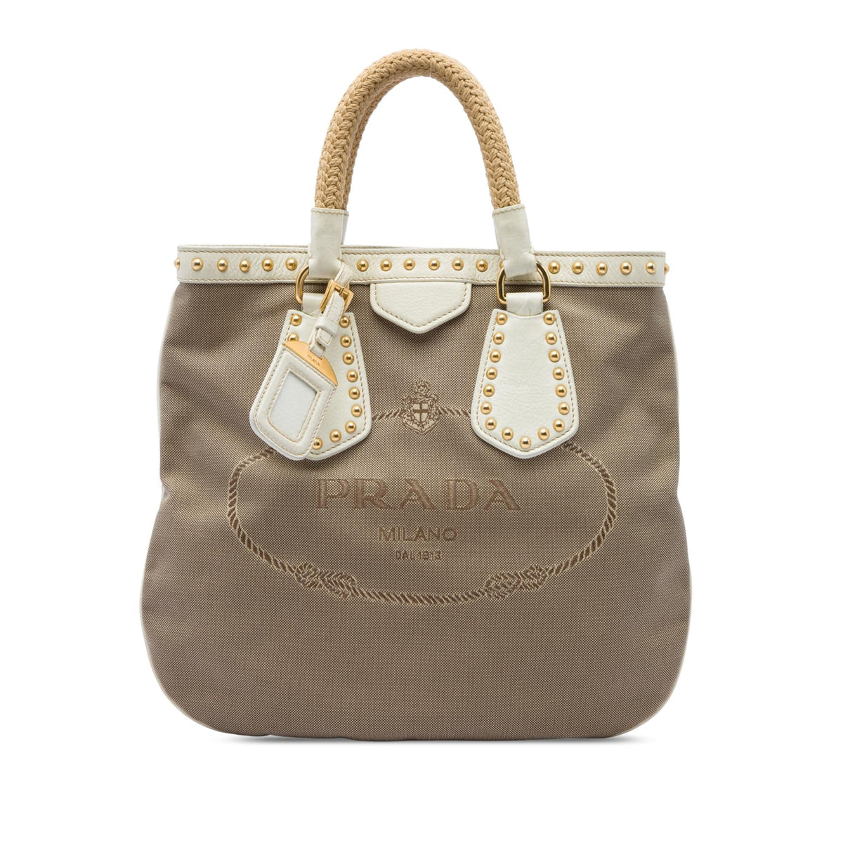 Prada Studded Canvas Canapa Logo Rope Handle Bag