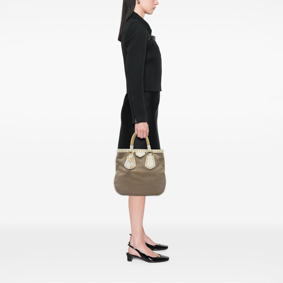 Prada Studded Canvas Canapa Logo Rope Handle Bag