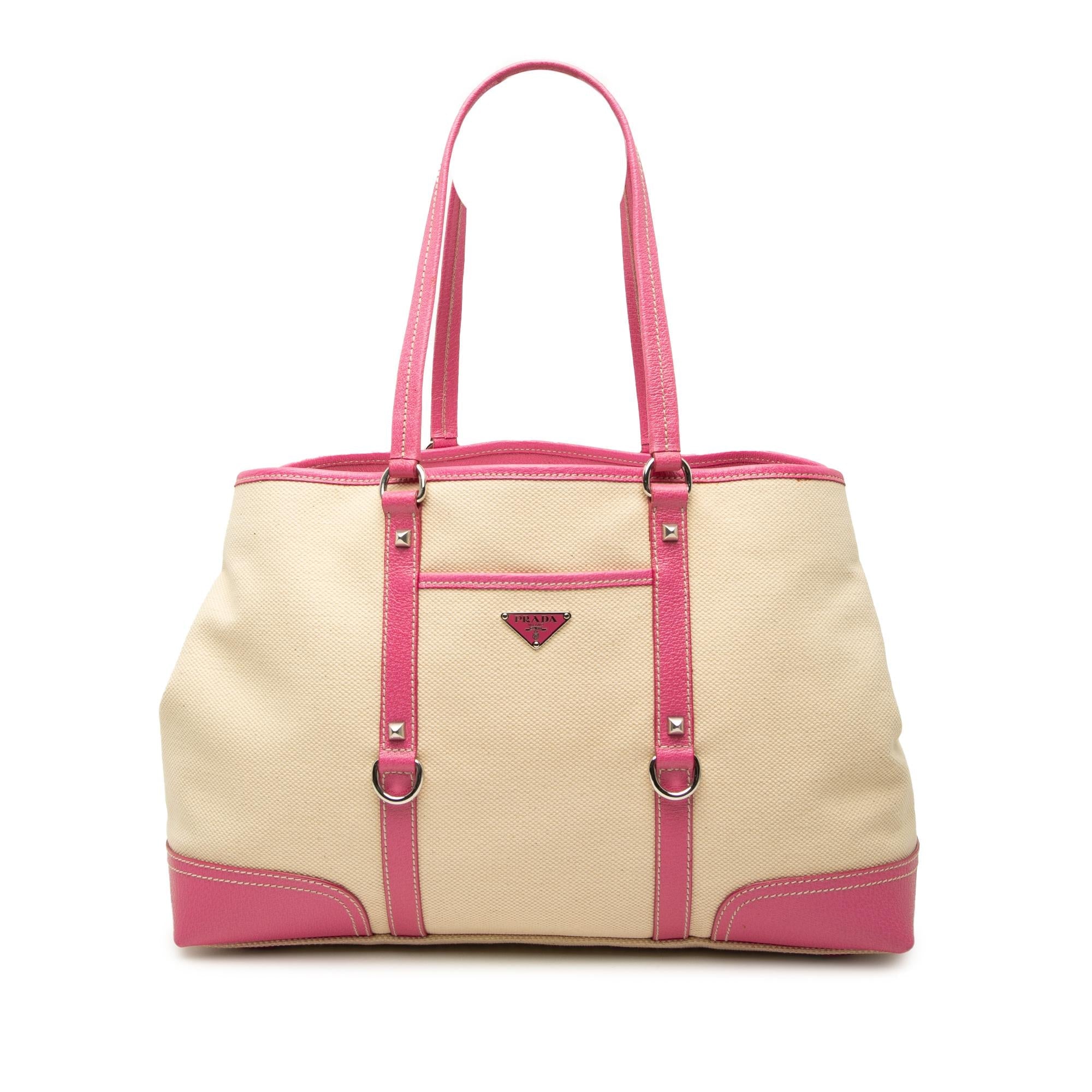Prada Studded Leather Trimmed Canvas Front Pocket Tote