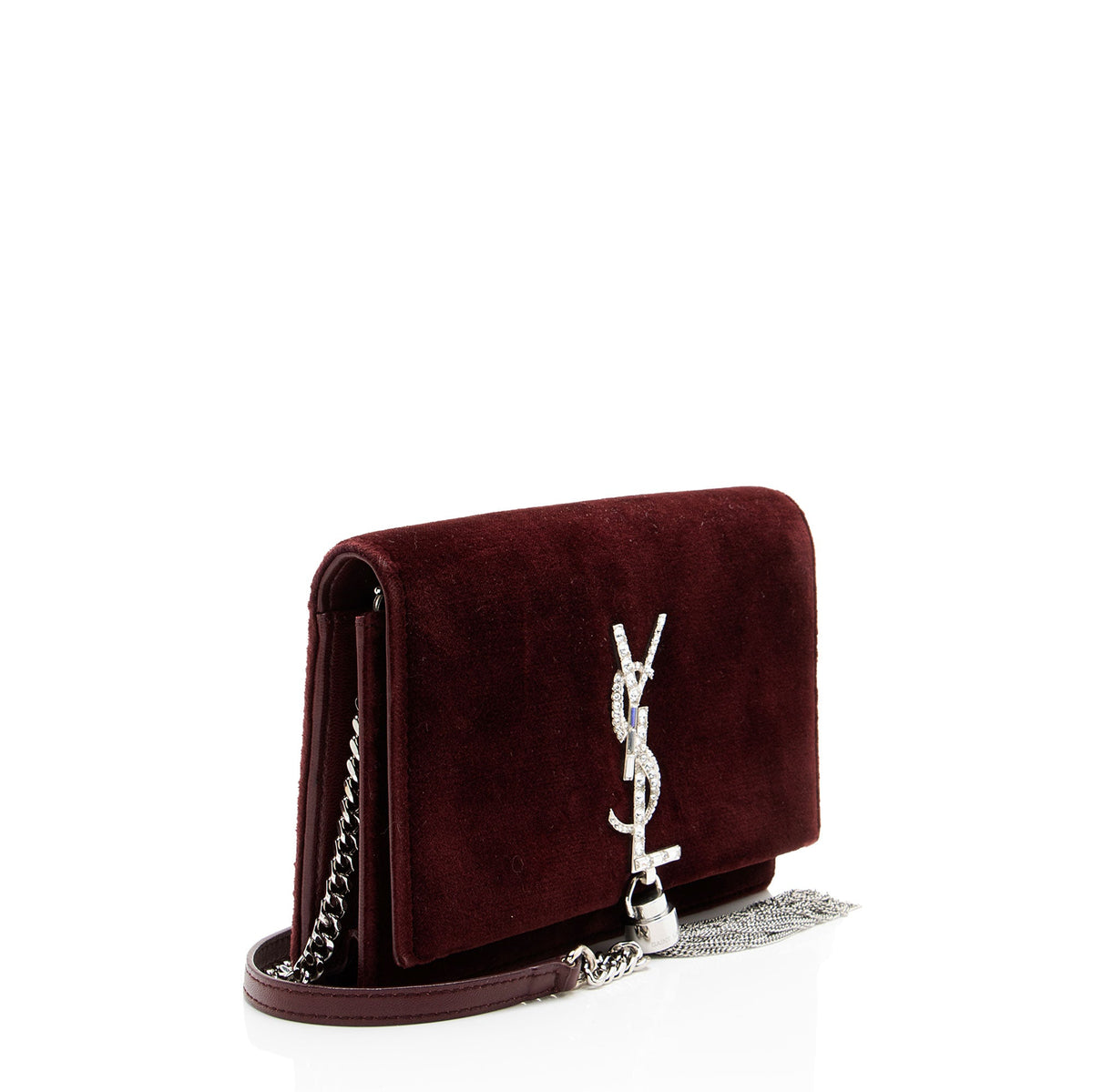 Saint Laurent Velvet Crystal Monogram Kate Tassel Chain Wallet