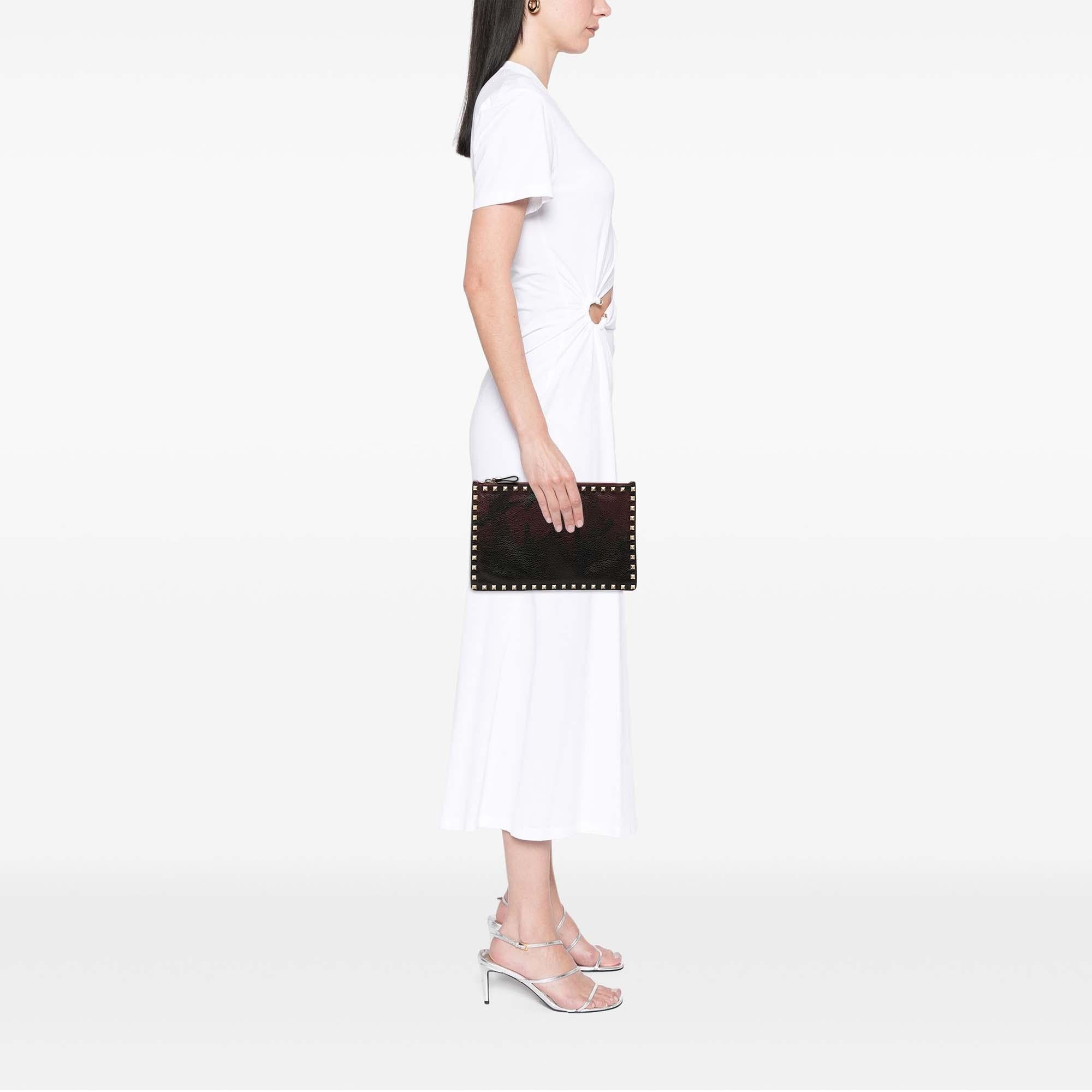 Valentino Grained Calfskin Rockstud Camouflage Zip Clutch