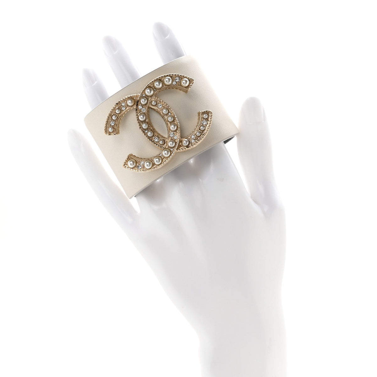 Calfskin Crystal Pearls Coronation Cuff M White