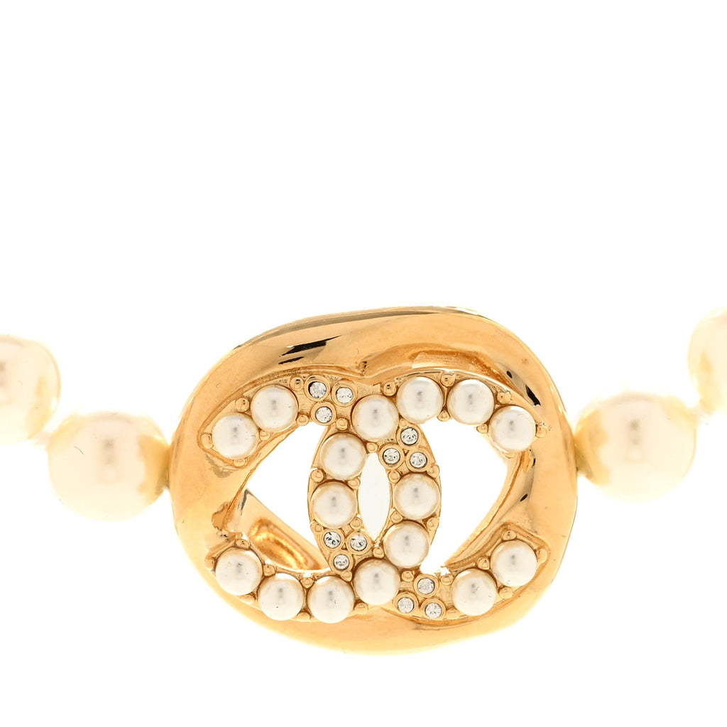 Pearl Crystal CC Logo Choker Gold White