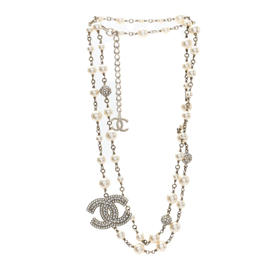 Graduated Pearl Crystal CC Long Necklace Gold Pearly White
