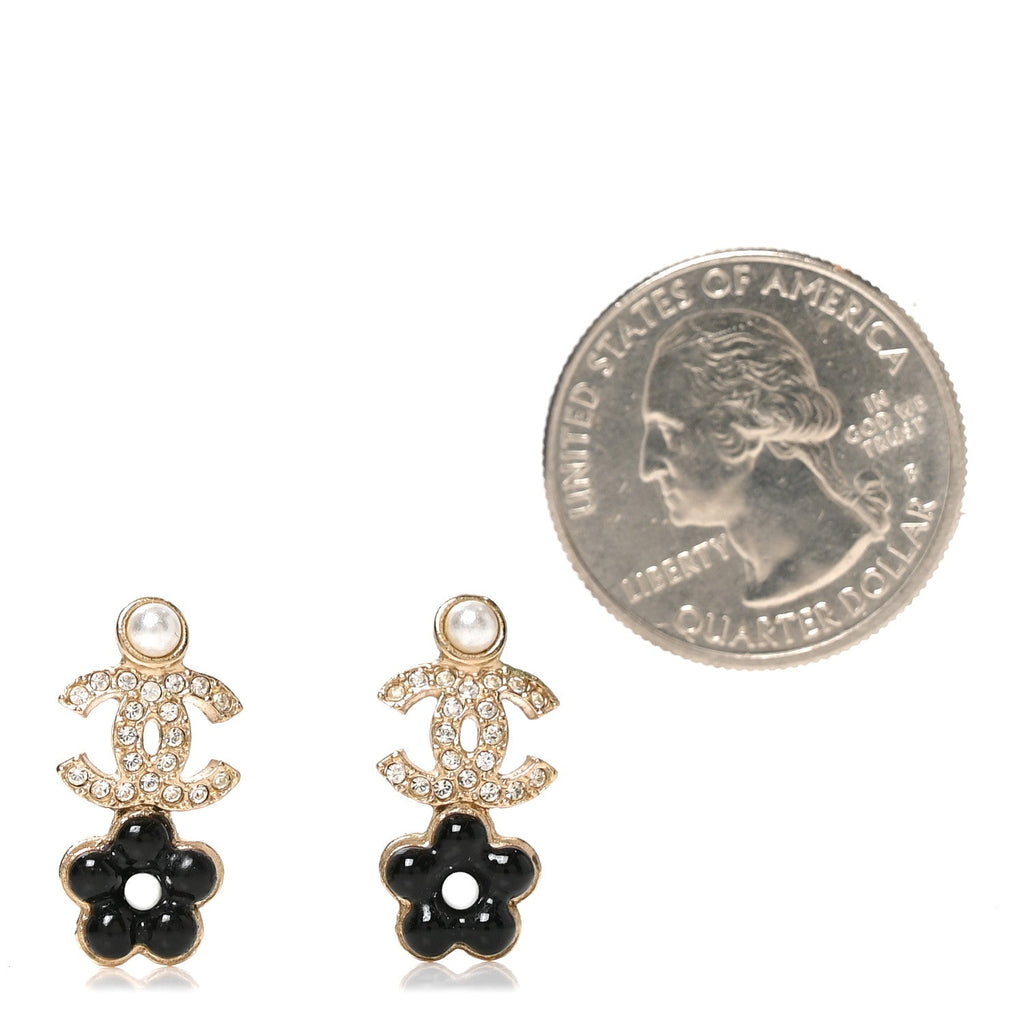 Crystal Pearl CC Flower Earrings Black Gold