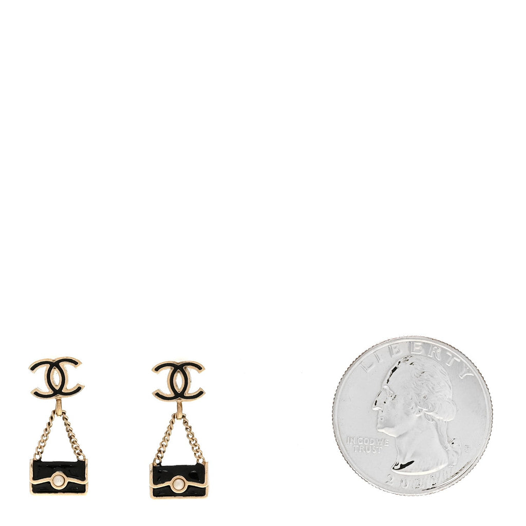 Enamel Pearl CC Flap Bag Drop Earrings Black Gold
