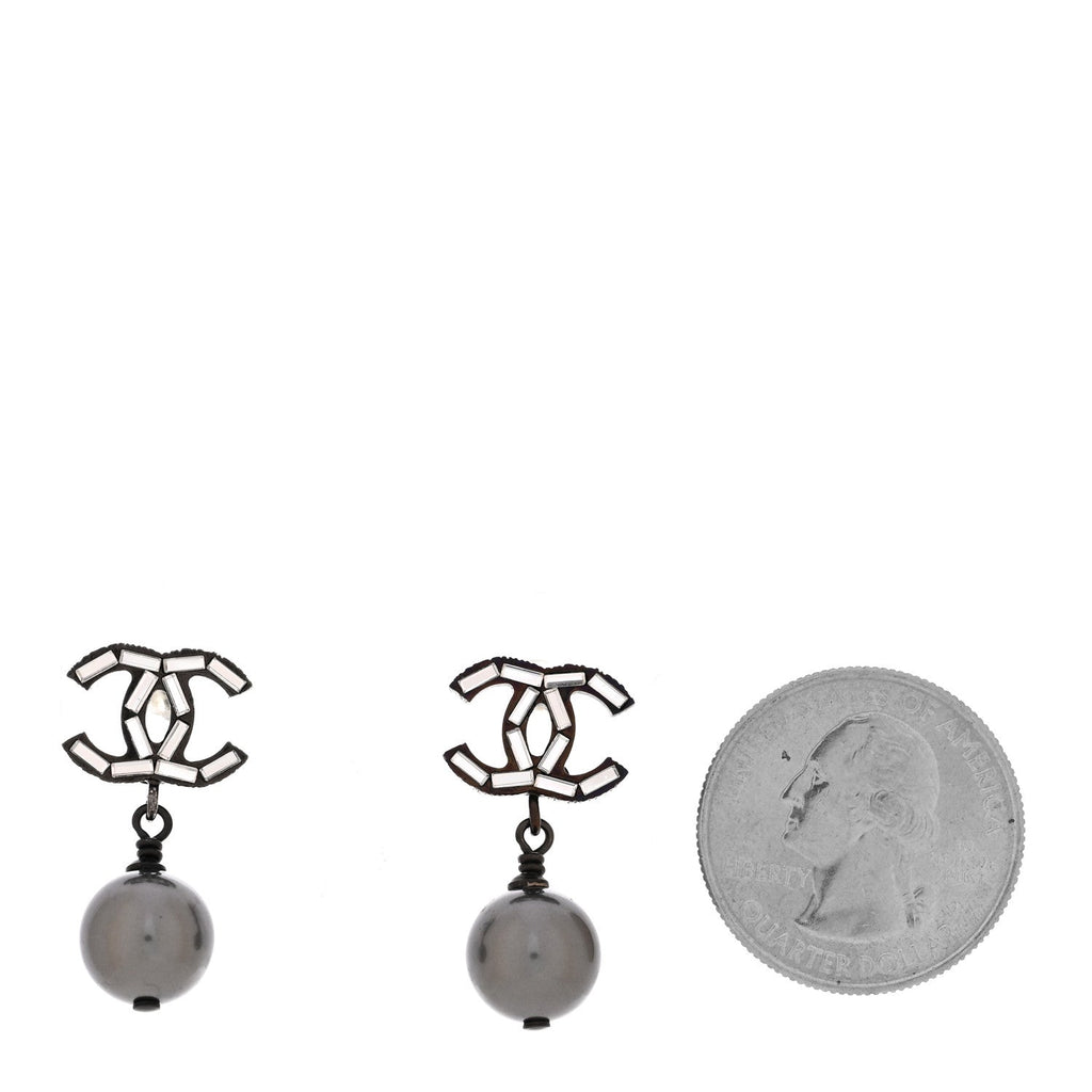 Ruthenium Pearl Crystal Baguette CC Drop Earrings Silver Grey