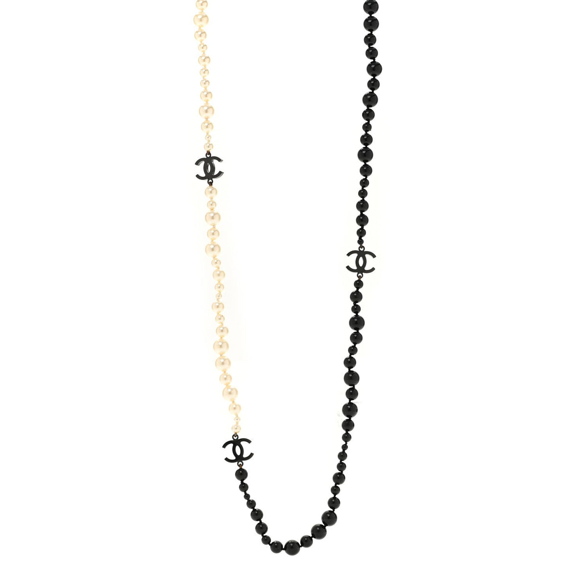 Ruthenium Pearl Beaded Enamel CC Long Necklace White Black