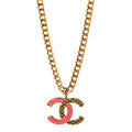 Metal Enamel Quilted CC Chain Necklace Pendant Gold Pink