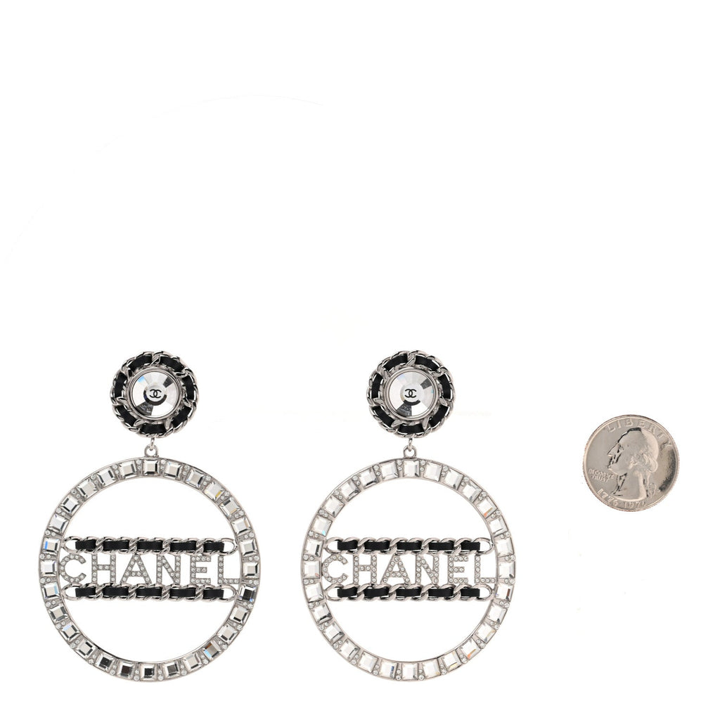 Crystal Lambskin Chain CC Hoop Clip On Earrings Black Silver