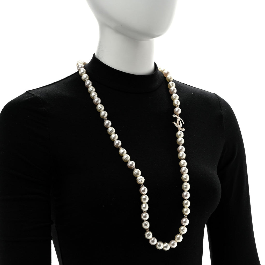 Pearl Crystal CC Necklace Light Gold