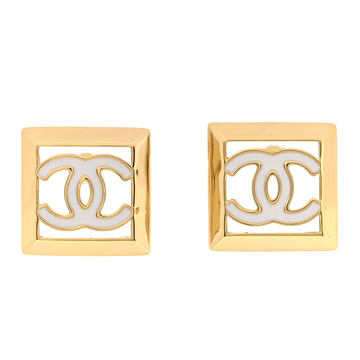 Metal Enamel CC Square Earrings Gold White