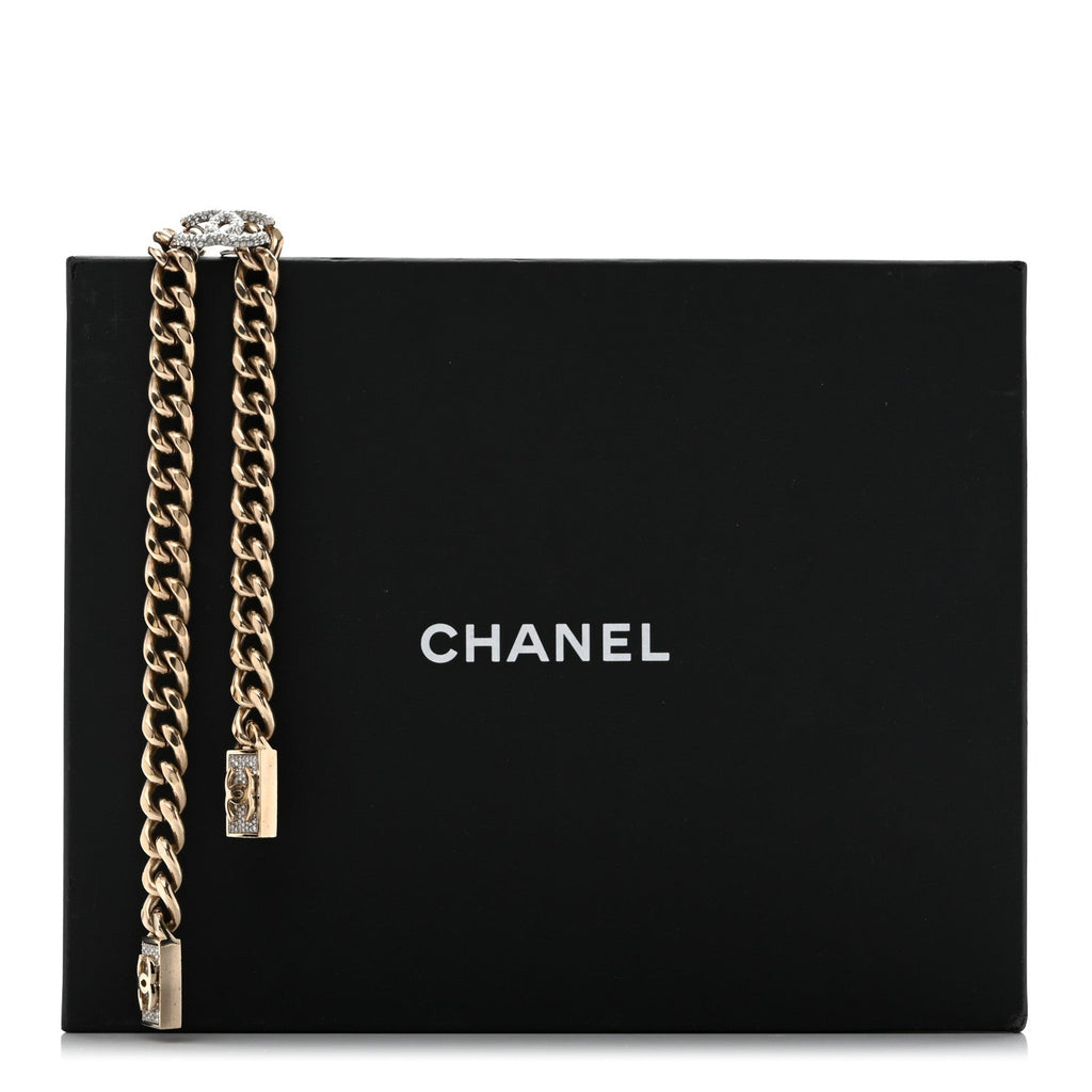 Chain Link Crystal CC Dog Tag Charm Necklace Gold
