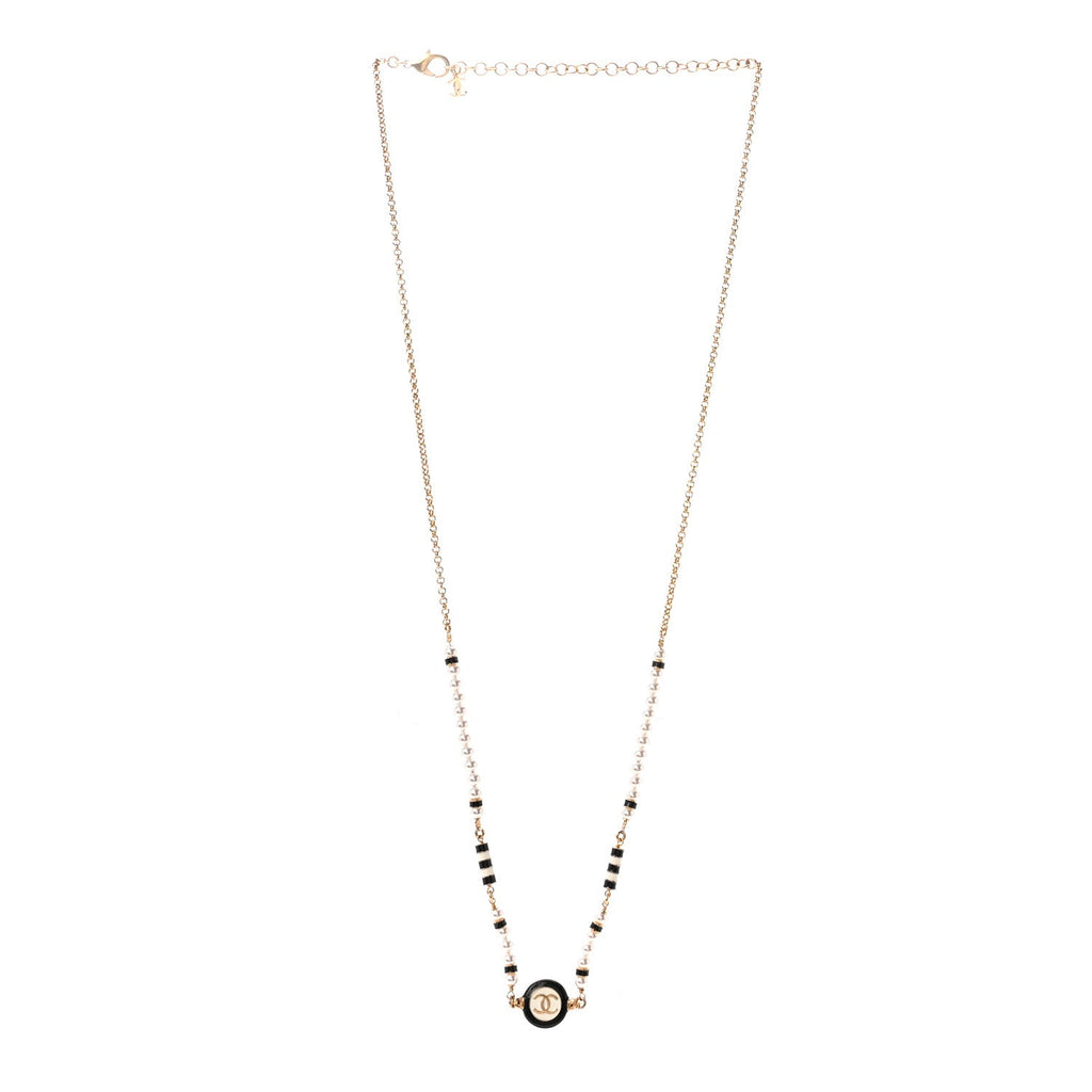 Metal Enamel Pearl CC Necklace Gold Black White