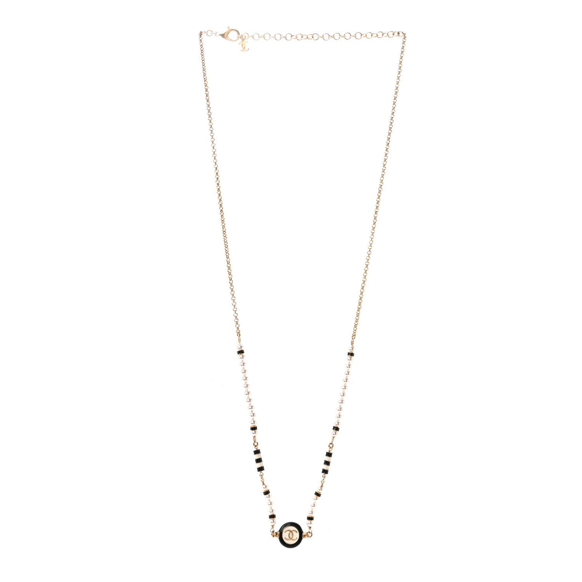 Metal Enamel Pearl CC Necklace Gold Black White