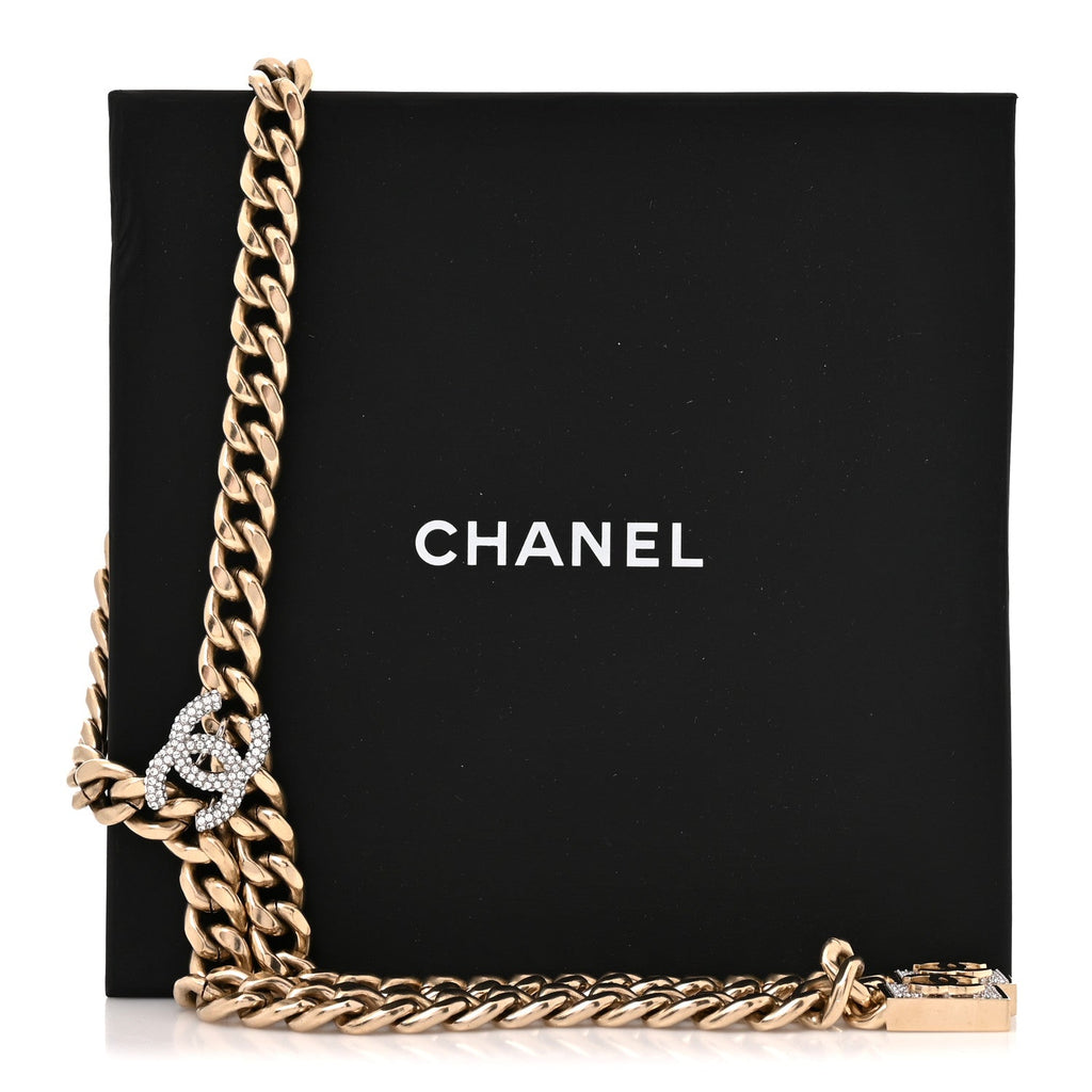 Chain Link Crystal CC Dog Tag Charm Necklace Gold