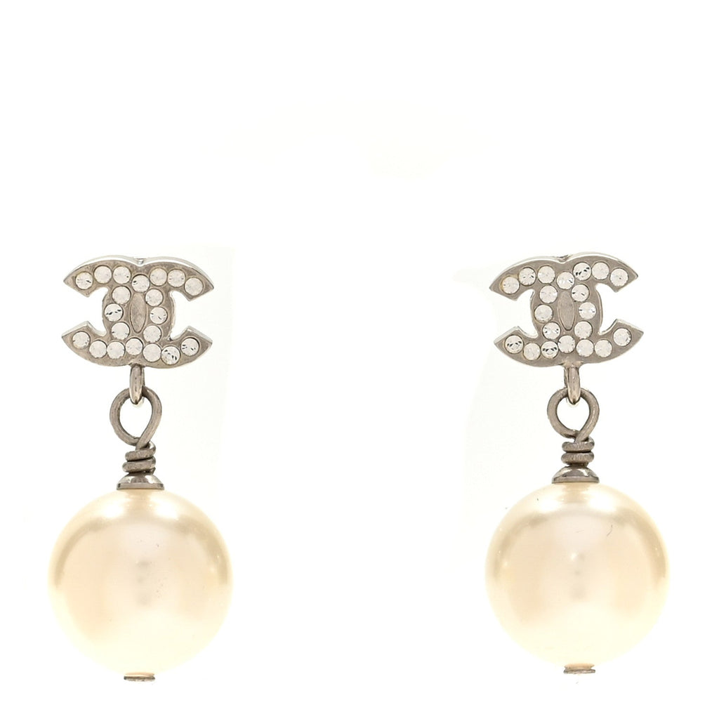 Crystal Pearl CC Drop Earrings Silver