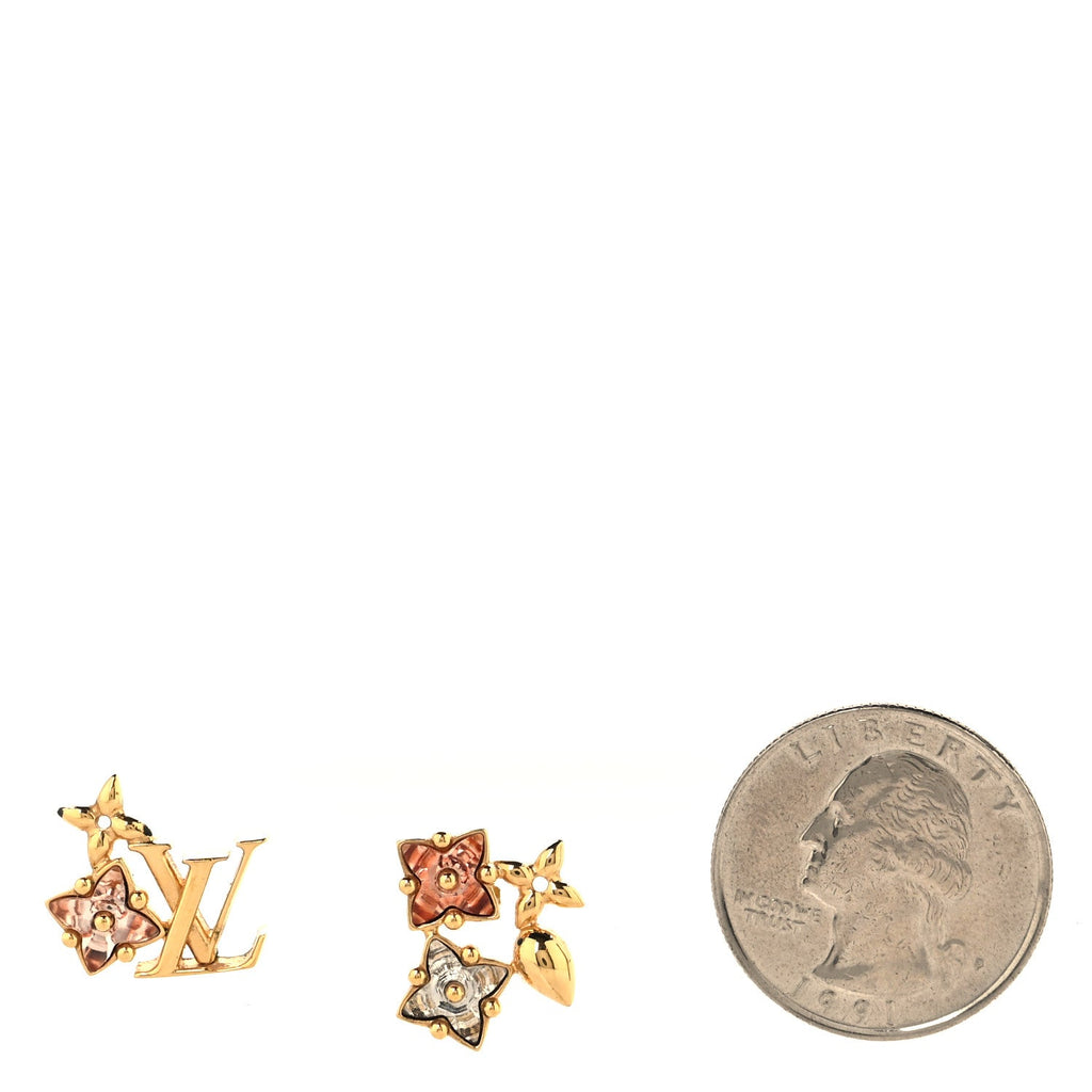 Metal Crystal Loulougram Monogram Flowers Earrings Gold