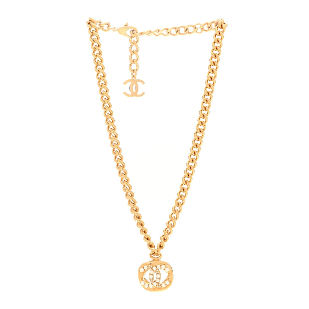 Metal Crystal Pearl Chain Link CC Necklace Gold