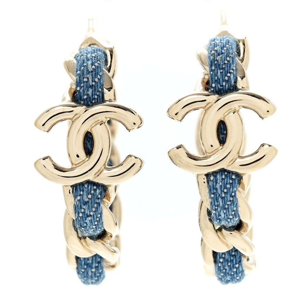 Metal Denim CC Chain Hoop Earrings Gold Blue