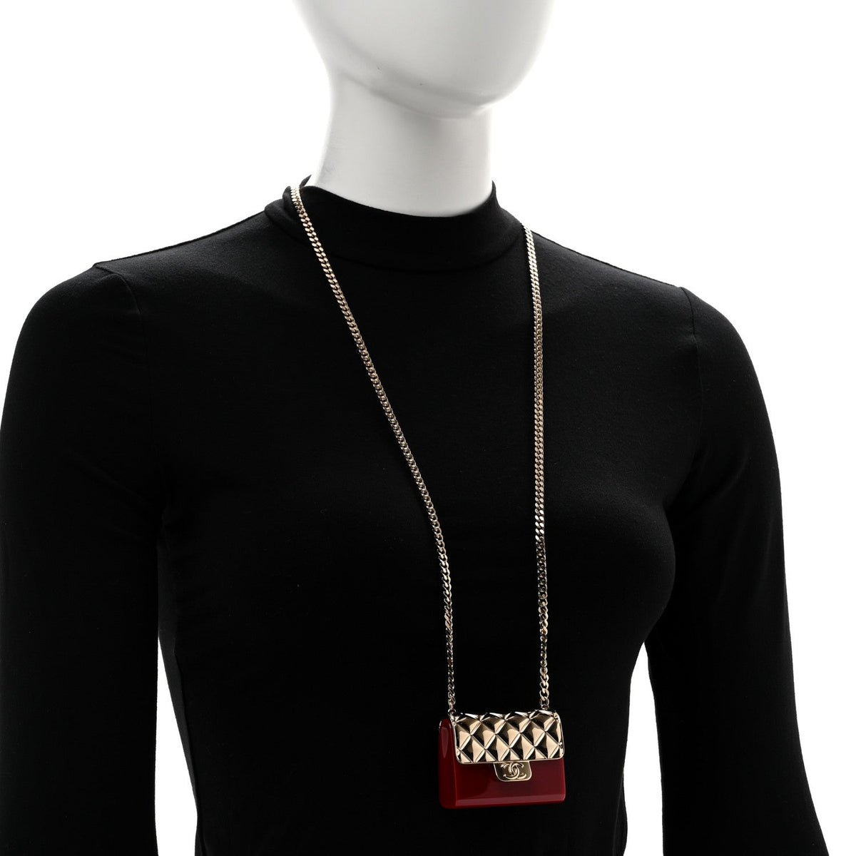 Metal Resin Flap Bag Long Necklace Gold Red
