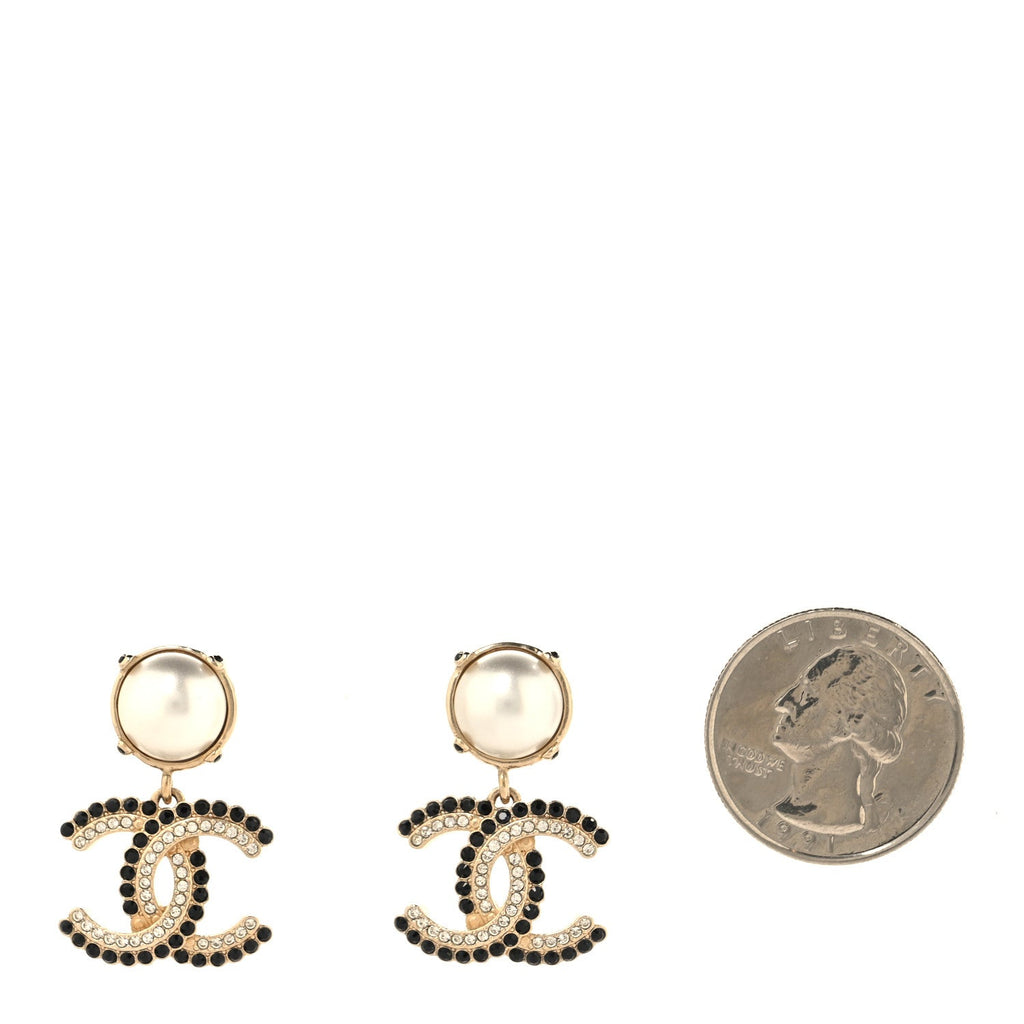 Pearl Crystal CC Drop Earrings Black Gold