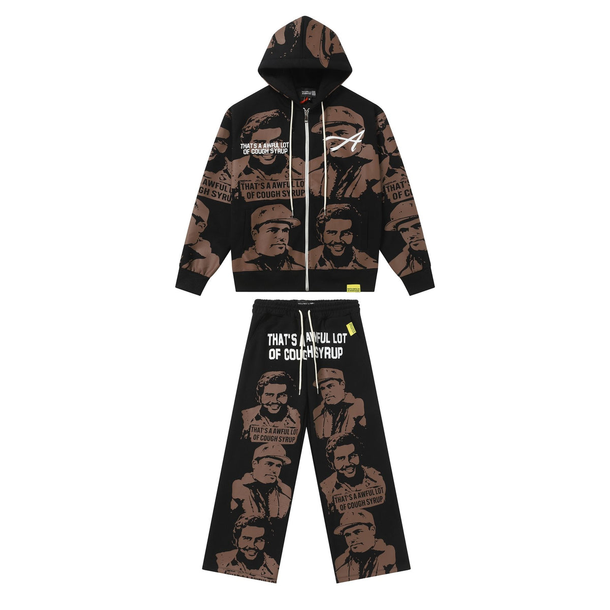 That's A Awful Lot Of Cough Syrup Portrait Graphic Zip Hoodie & Sweatpants Set - Black