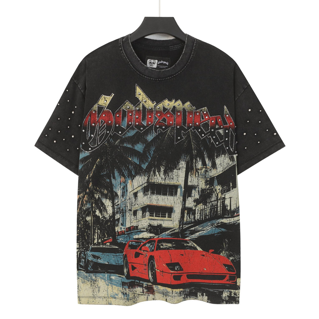 Godspeed Car & Building Graphic Studded-Sleeve T-Shirt