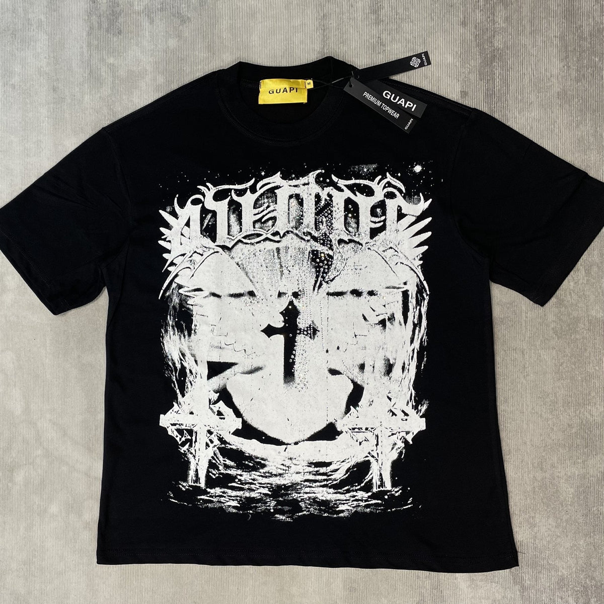 GUAPI Distressed Rhinestone Graphic T-Shirt