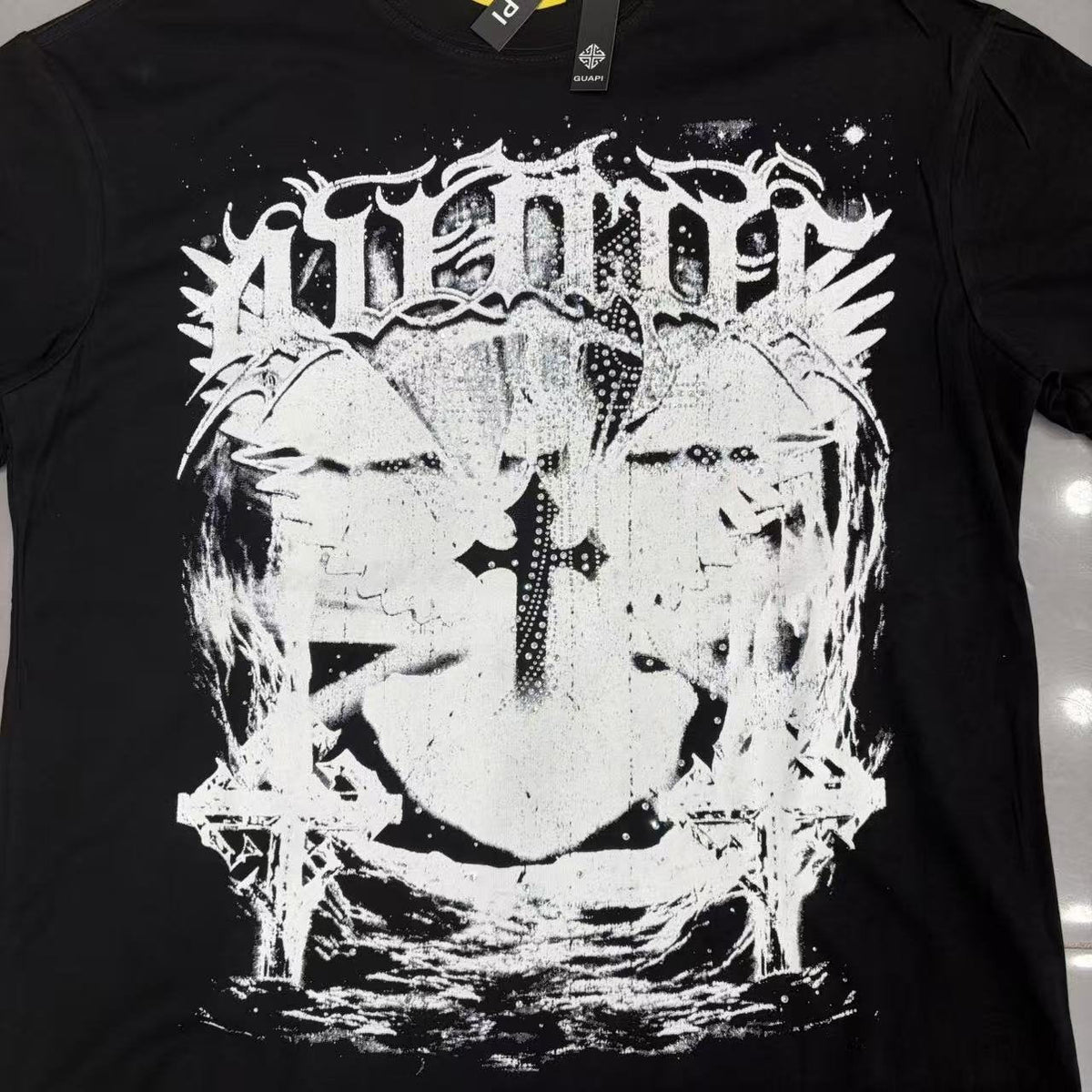 GUAPI Distressed Rhinestone Graphic T-Shirt