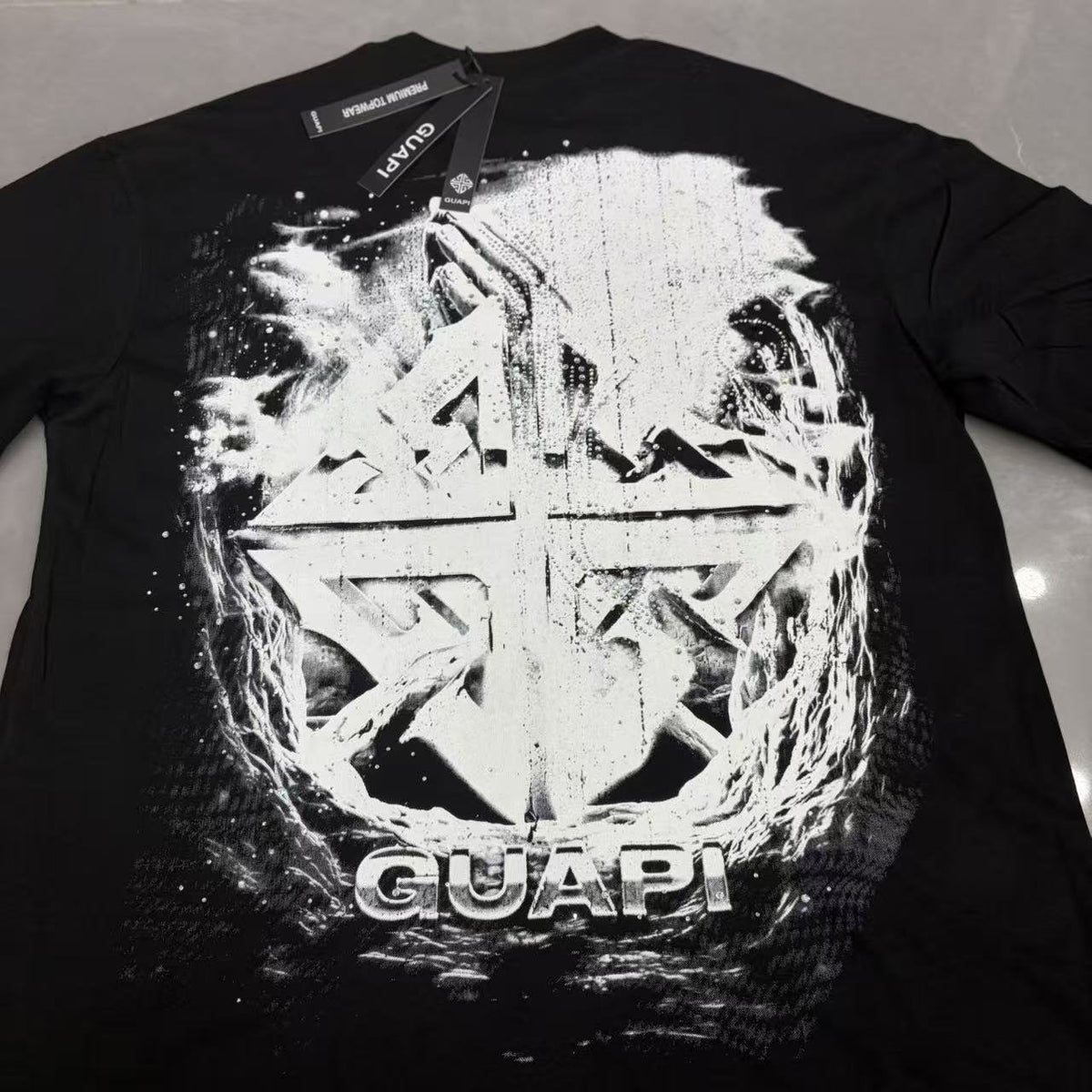 GUAPI Distressed Rhinestone Graphic T-Shirt