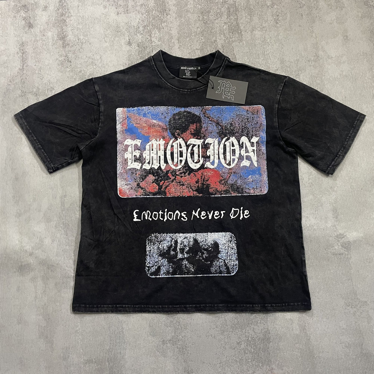 MIXED EMOTION Rhinestone Graphic Acid-Wash T-Shirt