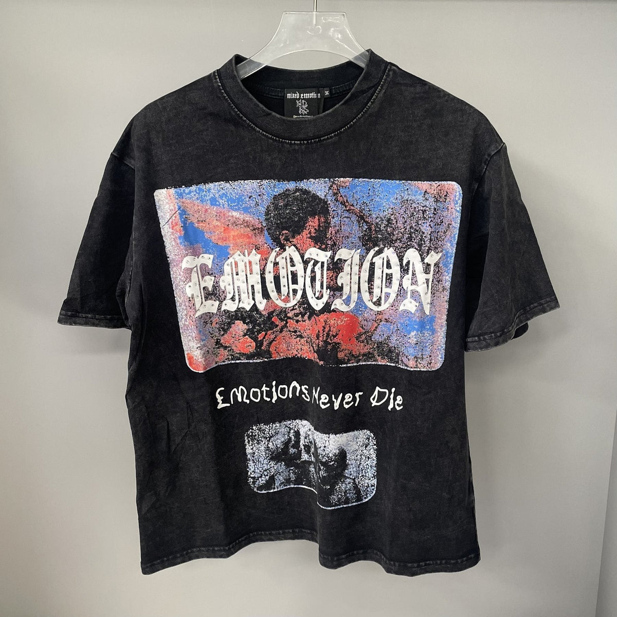 MIXED EMOTION Rhinestone Graphic Acid-Wash T-Shirt