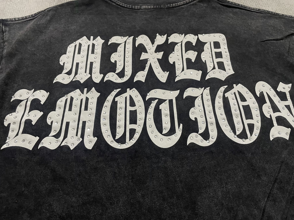 MIXED EMOTION Rhinestone Graphic Acid-Wash T-Shirt